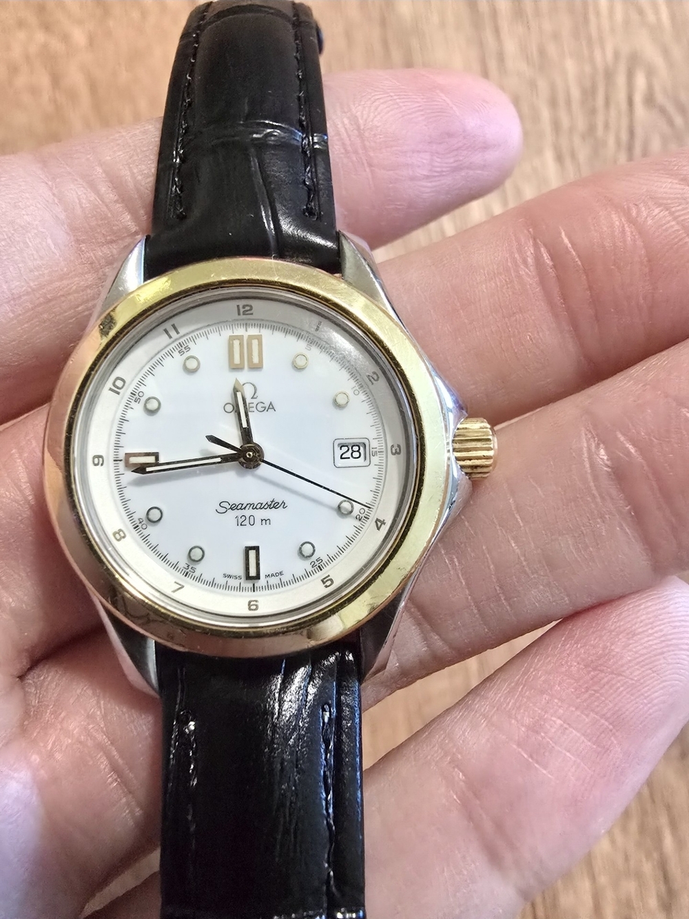 Omega Two-Tone Seamaster with White Dial and Black Leather Strap